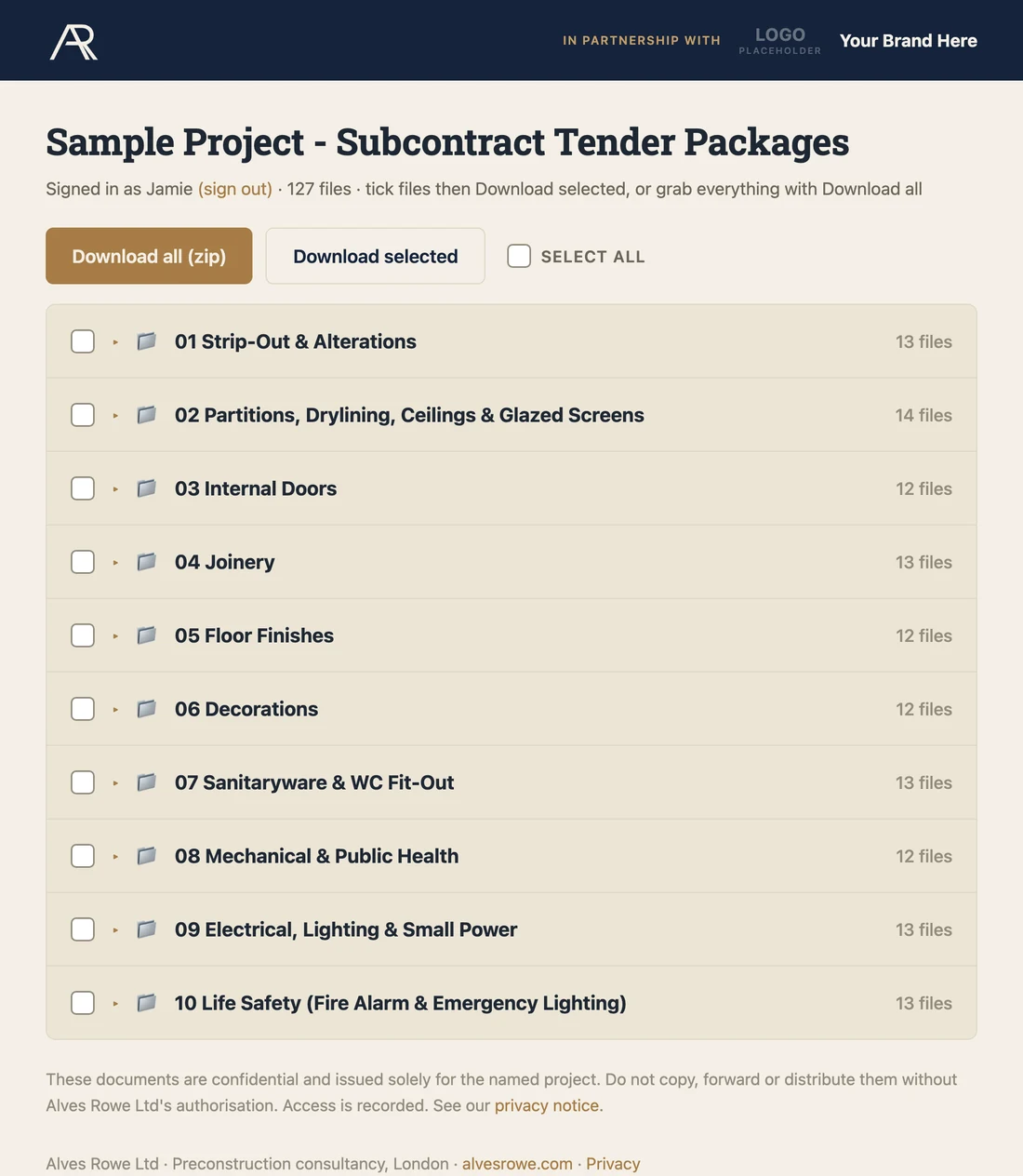 A branded Alves Rowe project data room listing subcontract tender packages ready to download at files.alvesrowe.com